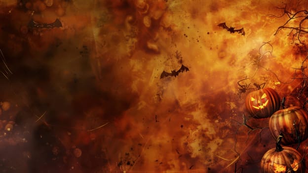 A festive Halloween setting featuring carved pumpkins and flying bats against a vibrant, fiery backdrop.