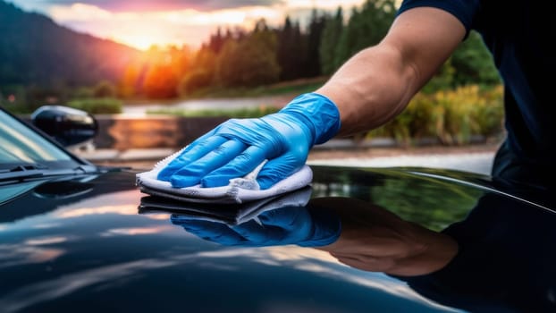 Close-up of a man's gloved hand wiping a car with a microfiber cloth, against a scenic background.