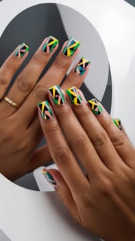 Women's hands with manicure and trendy design of colored gel or acrylic nails. Beauty Concept