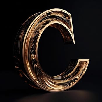 Detailed and ornate gold C on a black background showcases intricate design elements.