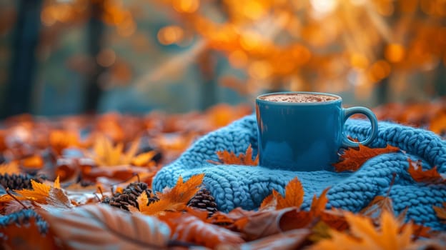 a warm blue blanket, a cup of hot cocoa with chocolate and autumn leaves in the background.