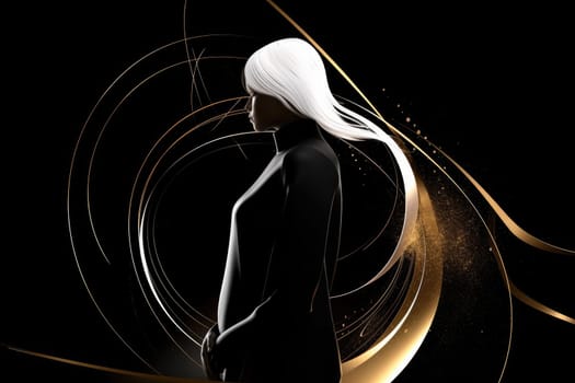 chasing of a gold, white and black portrait of a woman, isolated on a black background.
