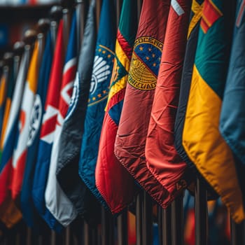 Close-up of several flags located side by side .