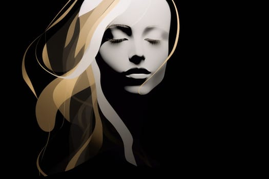 Abstract illustration of a gold, white and black bust of a female isolated on a black background.