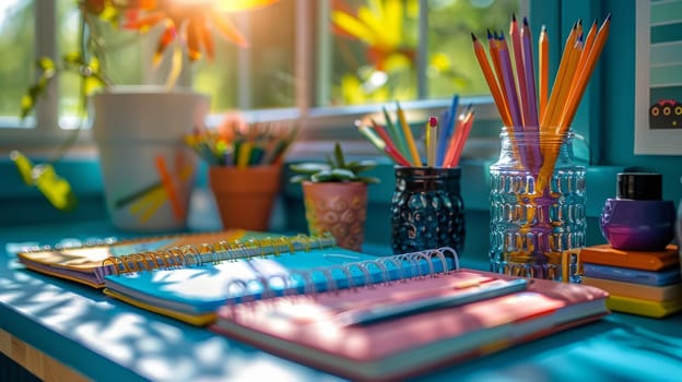 multi-colored notebooks, a set of pens and pencils laid out on the table under the window, soft sunlight penetrates the window.