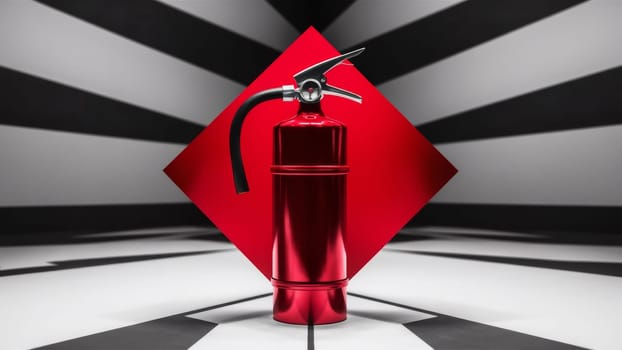 Shiny red fire extinguisher on a black and white geometric background with dramatic lighting. Perfect for concept art or security campaigns. Raising awareness of safety