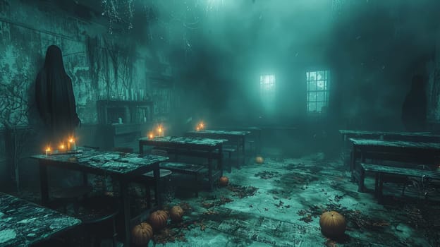 Black ghost figures in a dark, creepy school classroom with desks, blue green mist, candles and pumpkin.