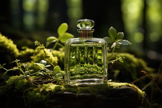 Glass bottle perfume on stones and moss on nature background. natural cosmetics on herbs, aromatherapy and essential oils concept.
