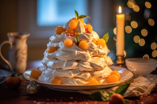 Meringue Christmas Tree. with citrus fruits, berries and pears on the festive table against the backdrop of Christmas illumination.Christmas recipes
