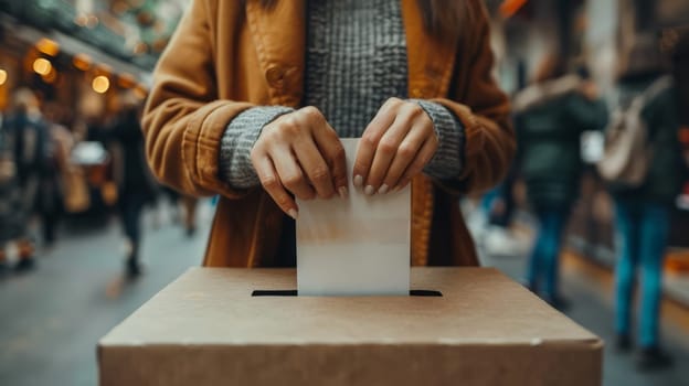 Close-up of a man dropping his ballot into a secure ballot box, capturing a moment of civic duty and participation in the democratic process