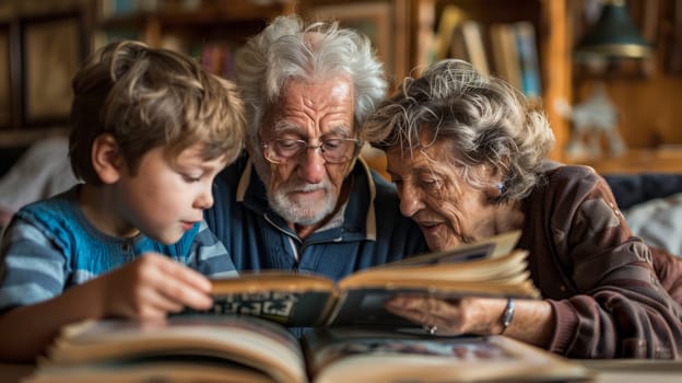 the grandparents look at old photos with their grandson