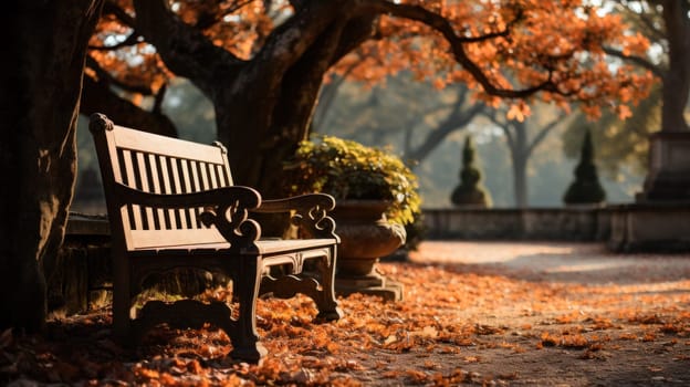 A bench in an autumn park against a blurred background of figuratively trimmed bushes