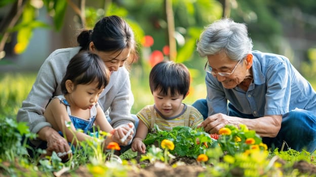 The family gardens together, the grandparents teach the children to plant flowers and vegetables in the backyard.