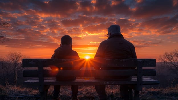 Grandfather and his grandson sitting together on a park bench and looking at the stunning sunset, two silhouettes against the background of the sunset