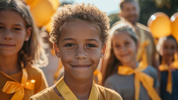 Children and adults hold gold ribbons and golden balloons at the Childhood Cancer Month event.