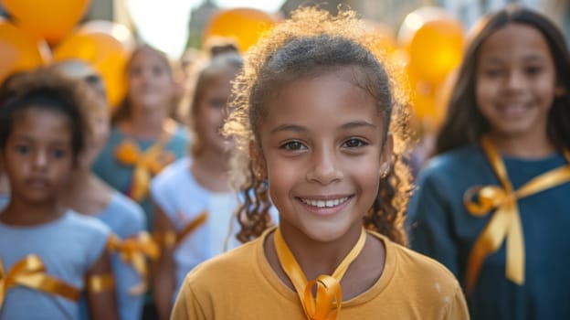 Childhood Cancer Month Event. A group of children with golden ribbons and balloons participates in the event
