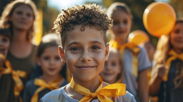 Childhood Cancer Month. Children and adults with gold ribbons and balloons at the event.