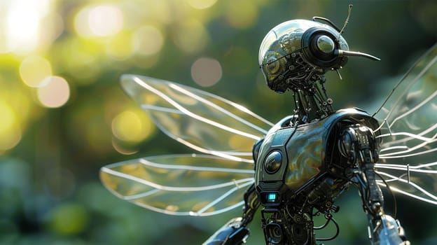 High-tech futuristic robot fairy against the backdrop of nature, fictional plot.