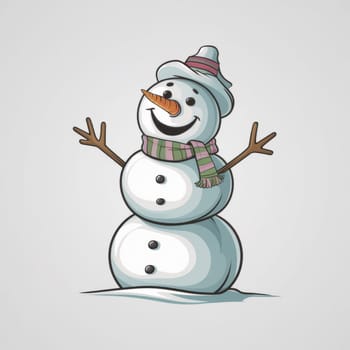 An image of a smiling snowman in a bright winter setting. Copy space. AI generated.