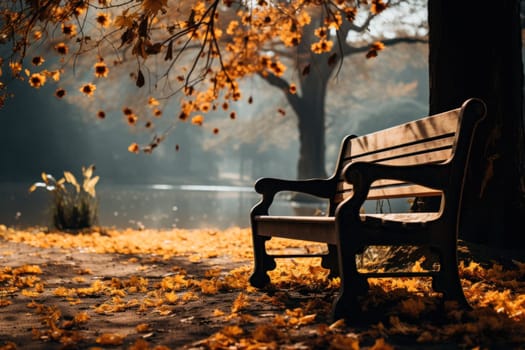 a cozy Bench in the autumn park by the pond. Carpet of yellow leaves and soft warm light