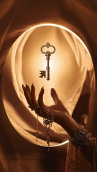 levitation of an antique key over the hand, surrounded by a fabulous golden light, giving a magical and mystical appearance. AI generated.Suitable for mystical or spiritual themes
