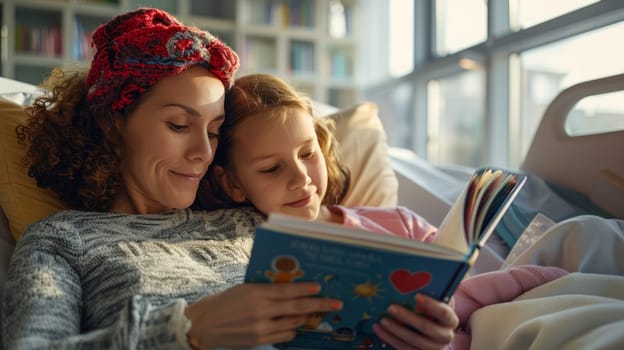 A volunteer reads a book to a child undergoing cancer treatment in a bright and supportive hospital.the concept of care and support