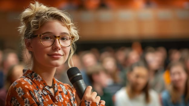 A young woman wearing glasses and holding a microphone confidently speaks to an engaged audience. Motivational speech, presentation or educational conversation.