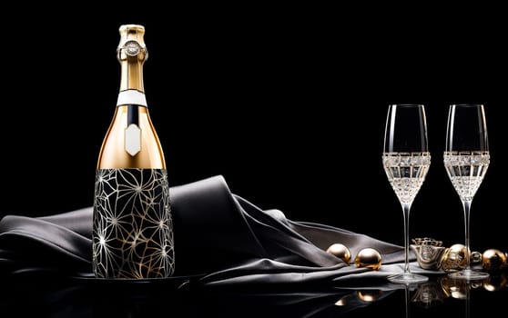 Exquisite champagne bottle with two elegant glasses on a sleek black background evokes a sense of luxury and celebration. Copy space