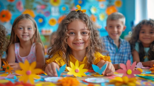 A group of happy children engage in a craft activity, creating colorful paper flowers in a vibrant classroom.