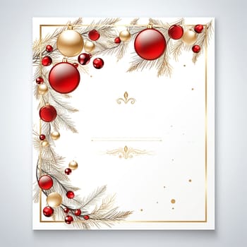 A blank Christmas card with an elegant border of red and gold ornaments and pine branches, offering plenty of copy space for personalized messages or branding.