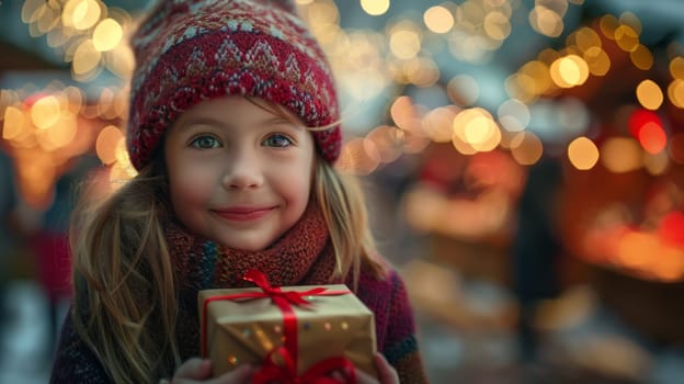 A girl holds a beautifully wrapped gift at a Christmas market, behind which the lights twinkle.