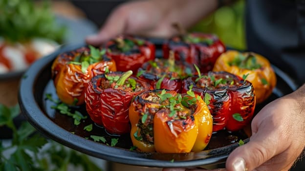 Stuffed tomatoes and peppers are served .