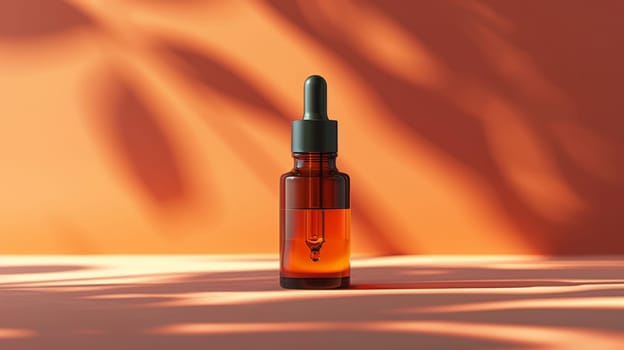 Mockup of an amber-colored glass bottle with a dropper cap, on a warm ochre-colored background, with a shadow from the leaves, in the rays of sunlight. The concept of beauty.