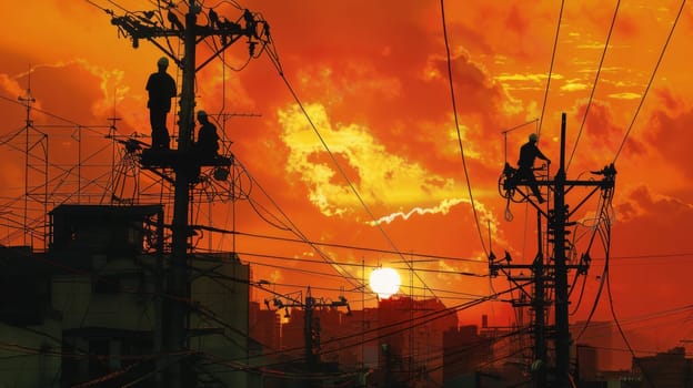 Silhouettes of workers are seen on power lines performing maintenance against a dramatic, fiery sunset.