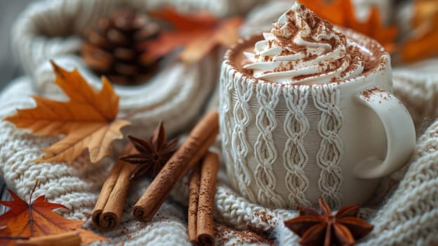 Cup of hot cocoa with chocolate chip whipped cream surrounded by cinnamon sticks, autumn leaves and a cozy knitted white blanket