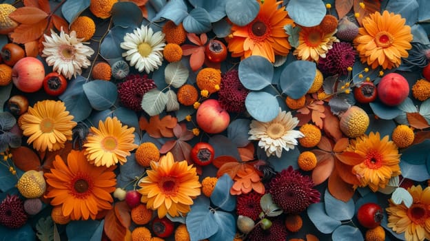 Abstract background.Autumn painting with bright colorful leaves, dried flowers, fruits