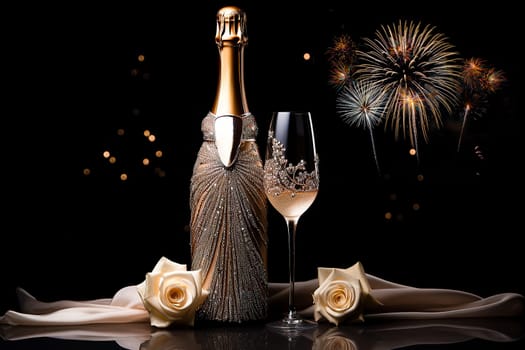 An elegantly decorated bottle of champagne and an encrusted glass, with sparkling fireworks in the background. A luxurious and festive atmosphere for New Year's Eve or special events.