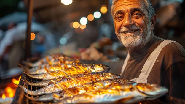 a gray-haired vendor at a food court with fried sardines