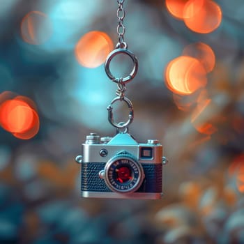 Adorable Vintage Camera Keychain Hanging On Soft, Warm Bokeh Background, And Christmas Tree
