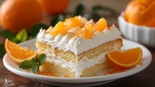 Orange pie with jam. Homemade cream cake with peaches and oranges