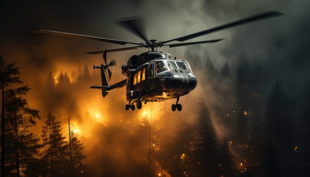 A helicopter flies over a raging forest fire at night, flames lighting up the dark sky. fighting forest fires.