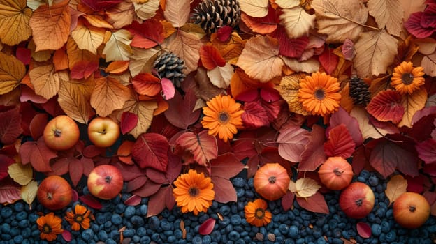 Abstract background.Autumn painting with bright colorful leaves, dried flowers, fruits