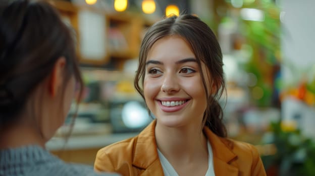 An employee in a light suit smiles and advises the client. Interior in light colors