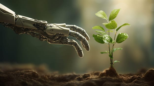 A robotic arm carefully approaches a young plant, symbolizing the synergy between technology and nature. Generated by Artificial Intelligence