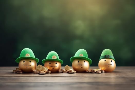 eggs in the form of a leprechaun with green caps and gold on a wooden table on a blurred background. . patrick's day
