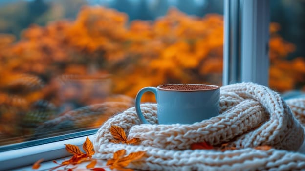 Warm white knitted scarf around a cup of hot cocoa with chocolate on the windowsill and autumn leaves outside the window in the background.