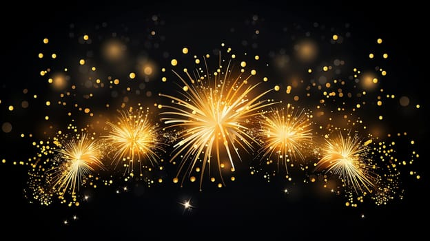 A vibrant display of golden fireworks lighting up the night sky, creating a dazzling and festive atmosphere against a black background.