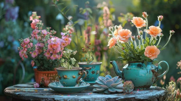 Beautiful plants arranged in vintage cups and a teapot create a charming and creative display, a concept of nature and artistic decor. Copy space