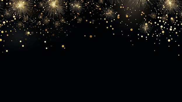 Abstract golden glitter and delicate fireworks on a black background that provides plenty of space for text and graphics