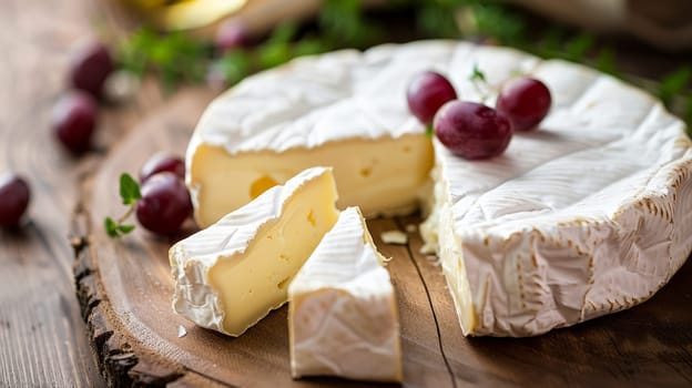 brie cheese garnished with fresh rosemary and grapes, served on a rustic wooden board.